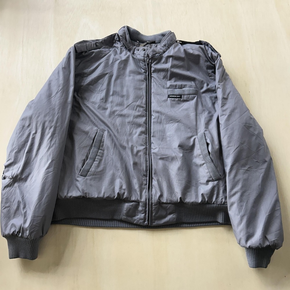 Vintage 80s Members Only Jacket Mens 46 Gray Bomber Hong Kong Zip Racer